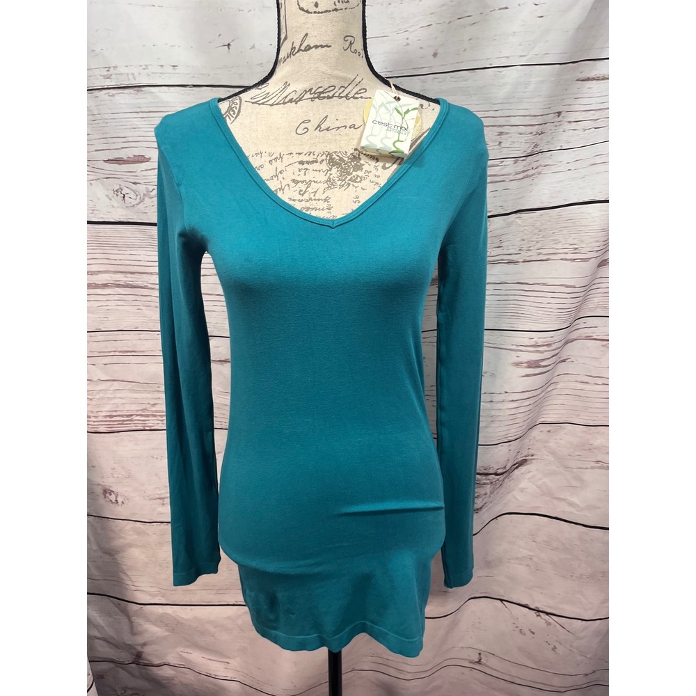 C'est Moi Naturals Teal Bamboo Seamless V-Neck Long Sleeve Top OS NWT